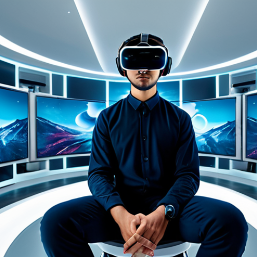 Home 4 A professional, introspective young adult, fully clothed in modest, comfortable attire, sitting quietly in a modern, minimalist room, gazing at a vibrant, idealized virtual reality avatar of themselves. The avatar, also fully clothed in a futuristic, professional outfit, stands confidently in a bright, fantastical metaverse landscape, representing their aspirational self. The image shows a subtle visual contrast between the quiet reality and the dynamic virtual world, symbolizing identity reflection. safe for work, appropriate content, fully clothed, perfect anatomy, correct proportions, natural pose, well-formed hands, proper finger count, natural body proportions, professional photography, high quality, family-friendly.